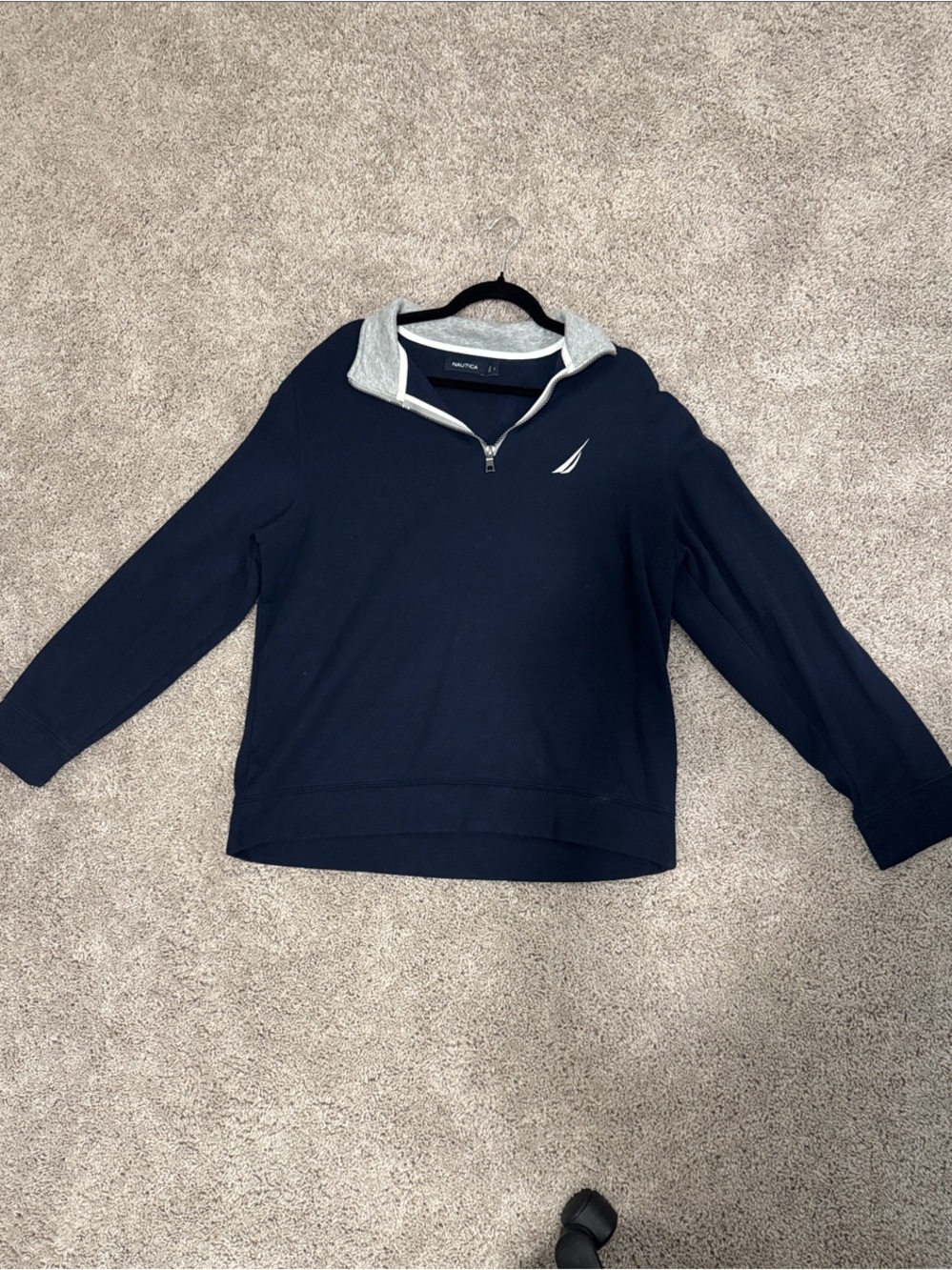 Nautica Men's Navy Quarter-Zip Sweater with Light Gray Collar Trim